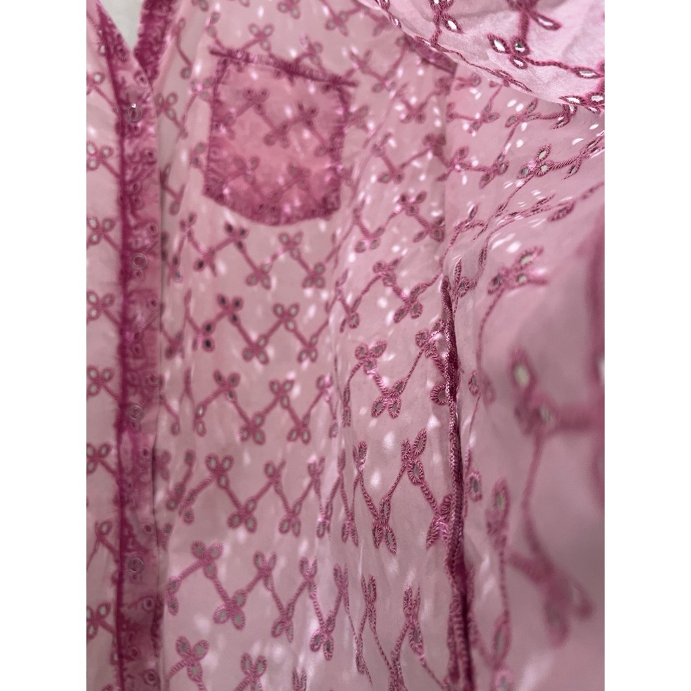 Dylan Oversized Western Sheer Shirt Pink Cotton Eyelet Pearl Snap XL - Picture 9 of 12